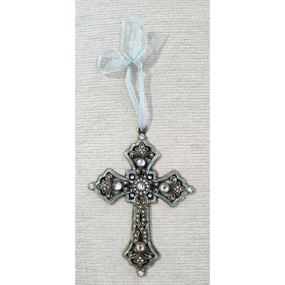 Vintage-Style Rhinestone Cross Ornament With Ribbon Hanger 5-1/2"H x 4"W - Picture 1 of 6